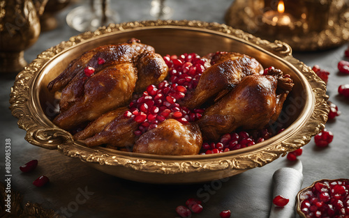 Georgian satsivi, walnut chicken, pomegranate seeds, ornate bowl, festive dining room photo