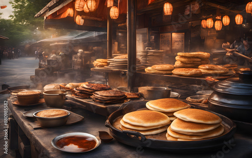 Korean hotteok, sweet syrup-filled pancakes, sizzling street cart, vibrant evening setting photo