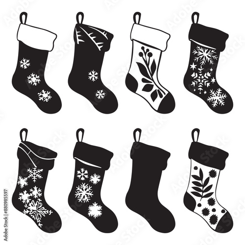 Stocking silhouette vector, stocking doodle snowflake, tradition, clothes, illustration