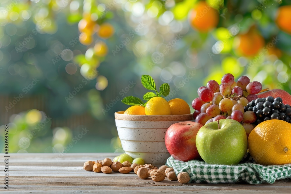 Freshly picked fruits and nuts overflowing on rustic wooden table