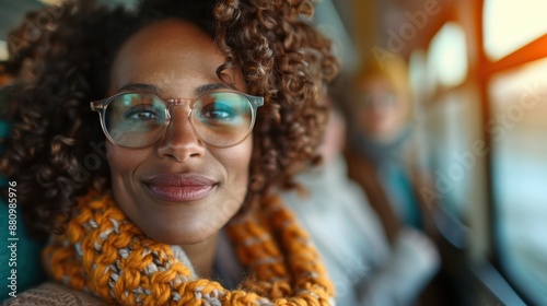 A woman with curly hair and glasses, smiling warmly while wearing an orange scarf, sits in a train, capturing a moment of travel and coziness during a bright day.