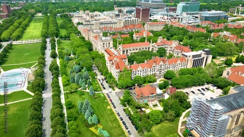 Drone Aerial View of Buildings of University of Chicago and Midway Plaisance Park in Chicago 4K photo