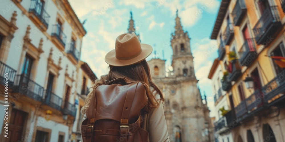 A woman wearing a hat and backpack walks down a busy city street A woman wearing a hat and backpack walks down a busy city street