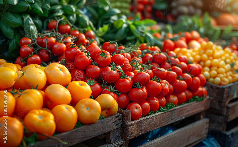 Fresh Tomatoes and Yellow Pears in Wooden Crates Fresh Tomatoes and Yellow Pears in Wooden Crates