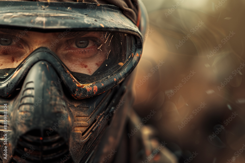 Fototapeta premium Man wearing paintball mask covered in paintball splatters, brown blurred background