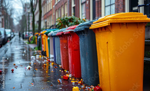 Colorful Trash Bins Lined Up on City Street. A row of colorful trash bins sits on a city street with a wet sidewalk