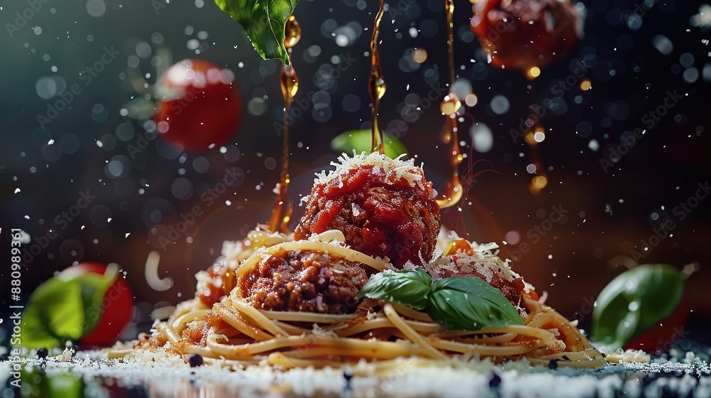 Superb Top view tasty spaghetti in bowl meatball in bowl oil bottle tomatoes parsley on table Superb Top view tasty spaghetti in bowl meatball in bowl oil bottle tomatoes parsley on table