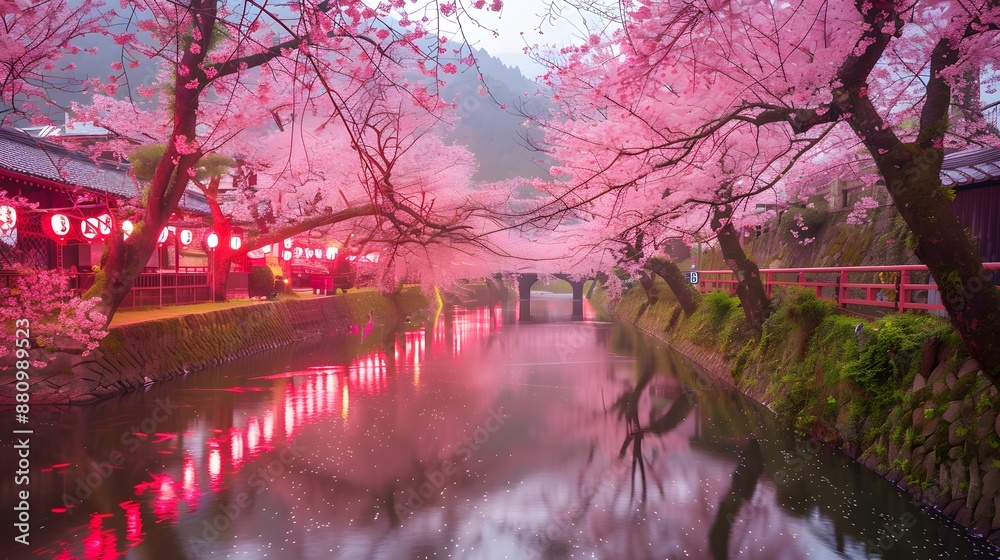 A peaceful canal lined with pink cherry blossom trees in bloom, their shadows reflected on the water in Japan A peaceful canal lined with pink cherry blossom trees in bloom, their shadows reflected on the water in Japan