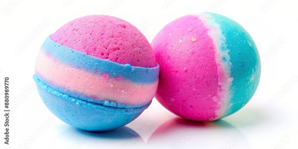 Colorful Close-Up of Two Round Bath Bombs; Vibrant Pink, Blue, and White; Clean White Background; Relaxation and Self-Care Concept Colorful Close-Up of Two Round Bath Bombs; Vibrant Pink, Blue, and White; Clean White Background; Relaxation and Self-Care Concept
