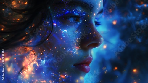 Young girs contemplative portrait with space and galaxies as metaphors for mental health Young girs contemplative portrait with space and galaxies as metaphors for mental health photo