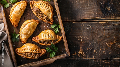 Five Delicious Empanadas on a Rustic Wooden Tray