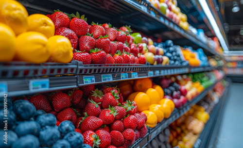 Grocery Store Produce Aisle. A close-up view of fresh fruits in a grocery store