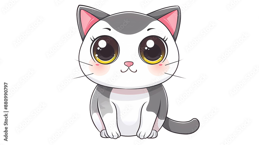 A cute kawaii cartoon character of a cat with big eyes, white and grey fur, transparent background, PNG file, Generative AI illustrations. A cute kawaii cartoon character of a cat with big eyes, white and grey fur, transparent background, PNG file, Generative AI illustrations.