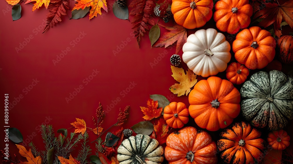 Fototapeta premium orange,white pumpkins,autumn decor on dark red background happy thanksgiving day banner template flat lay top view