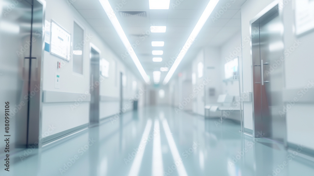 Soft blurred background image showing long bright hospital or clinic corridor Soft blurred background image showing long bright hospital or clinic corridor