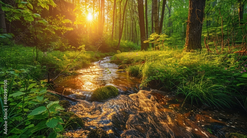 Obraz premium Sunlit Creek in a Tranquil Forest