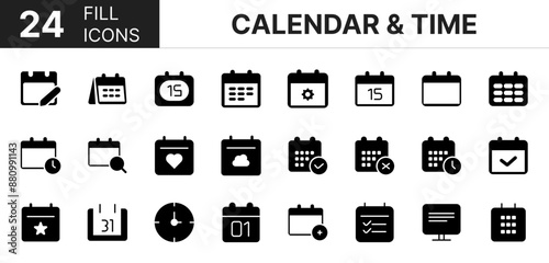 Collection of 24 calendar & time fill icons featuring editable strokes. These outline icons depict various modes of calendar & time, date, event, dating, diary, routine, line art, 