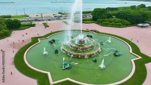 Drone Aerial of Buckingham Fountain, Grant Park in downtown Chicago 4K