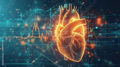 Digital Heartbeat 3D Render of a glowing, particle-based human heart on a futuristic medical display, heart rate monitor, heart health, medical technology, healthcare