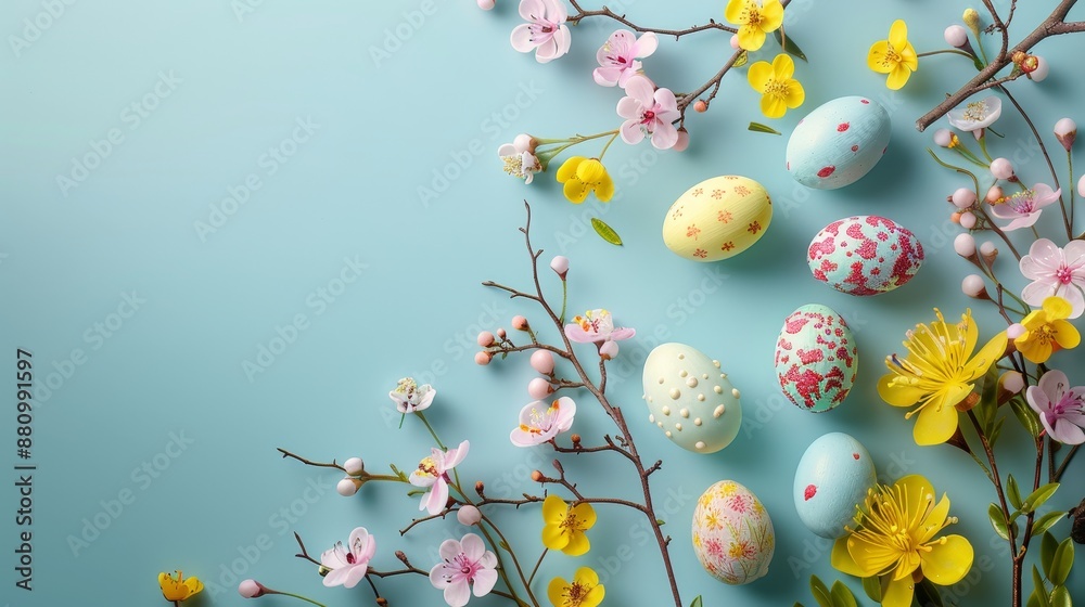 Easter Eggs and Spring Blossoms on Blue Background, Easter , Spring , Floral , Decoration Easter Eggs and Spring Blossoms on Blue Background, Easter , Spring , Floral , Decoration