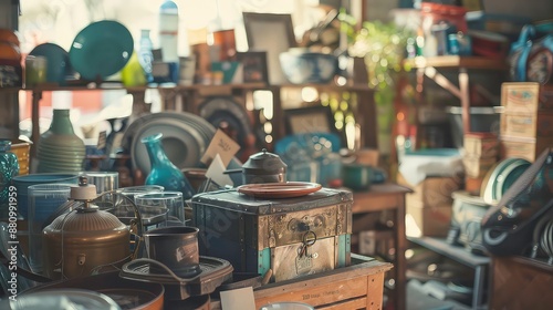 Second hand old household objects for sale at flea market, garage sale, thrift store, charity shop. Zero waste, sustainable lifestyle