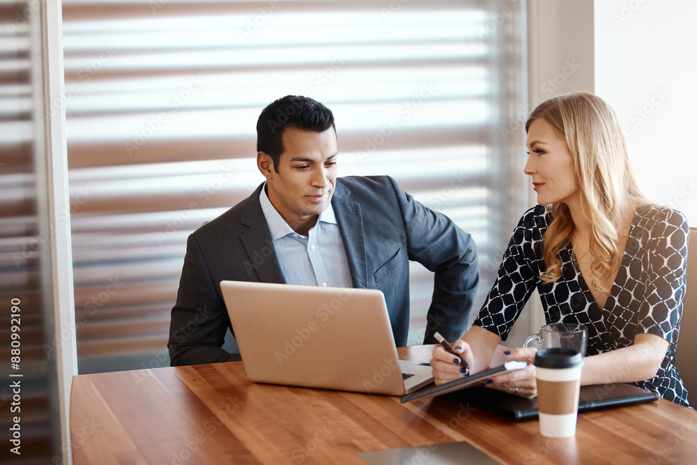 Businessman, woman and communication with laptop in office for real estate partnership, meeting and discussion on due diligence. Investors, tech and talk on return of investment and property review. Businessman, woman and communication with laptop in office for real estate partnership, meeting and discussion on due diligence. Investors, tech and talk on return of investment and property review.