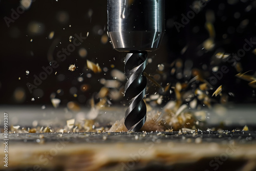 super slow motion of a drill bit drilling into wood macro shot