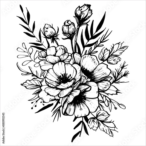 Beautiful and highly detailed hand drawn flower arrangement using line art on white background 