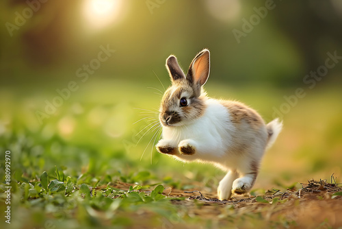 little cute rabbit bunny running on the field in summer