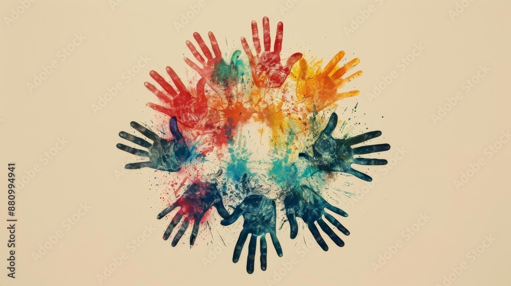 Fototapeta premium A graphic design showing a circular formation of multicolored handprints