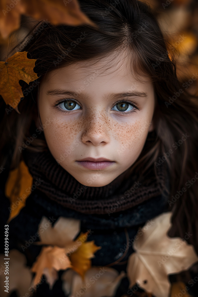 portrait of girl looking into camera with autumn leaves portrait of girl looking into camera with autumn leaves