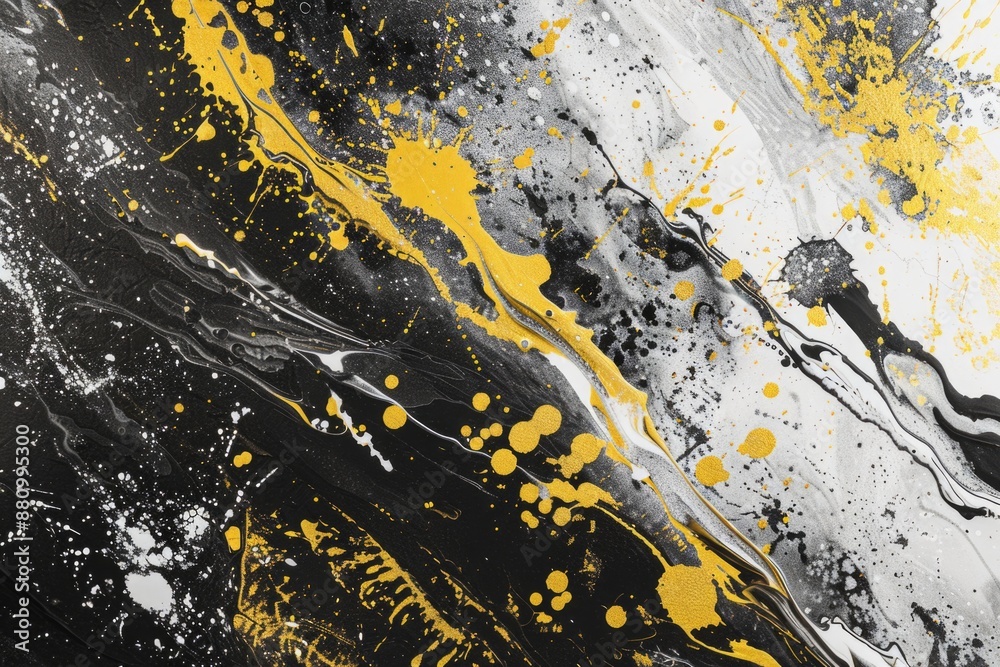 A close-up of a black and white painting with yellow paint splatters, great for art or creativity themed projects A close-up of a black and white painting with yellow paint splatters, great for art or creativity themed projects