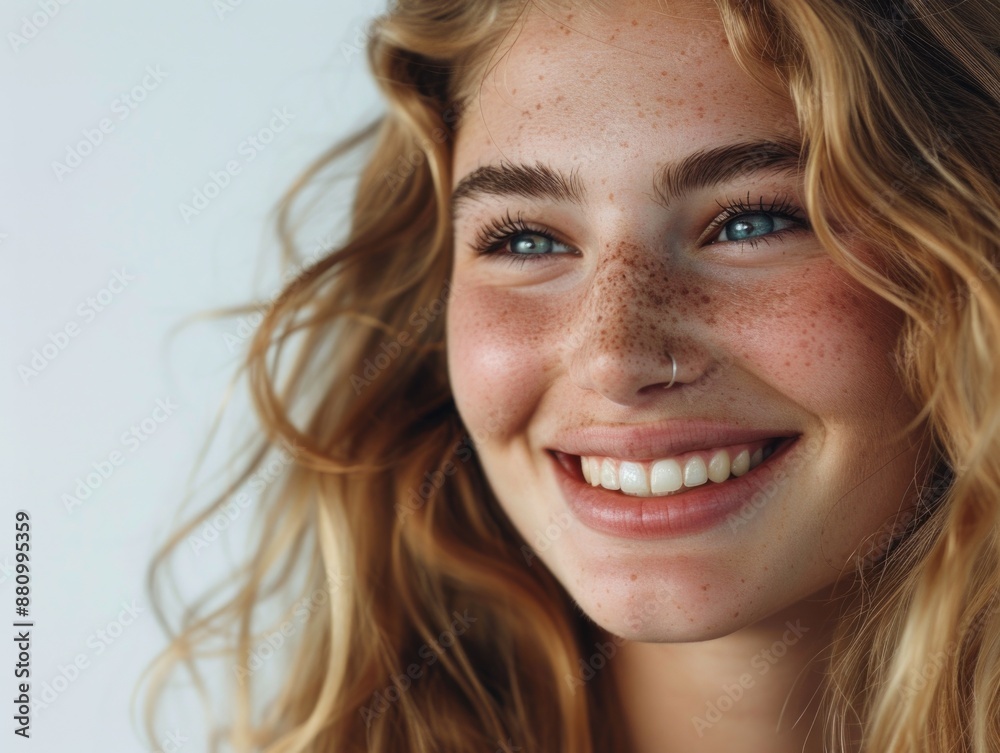 Portrait of a woman with freckles, ideal for personal or professional use Portrait of a woman with freckles, ideal for personal or professional use