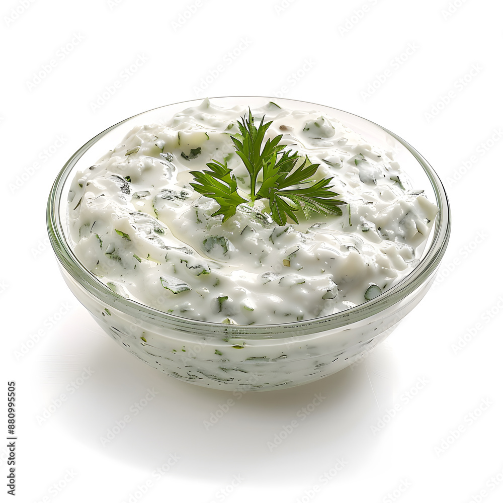 Tzatziki in a small glass bowl isolated on a white background Tzatziki in a small glass bowl isolated on a white background