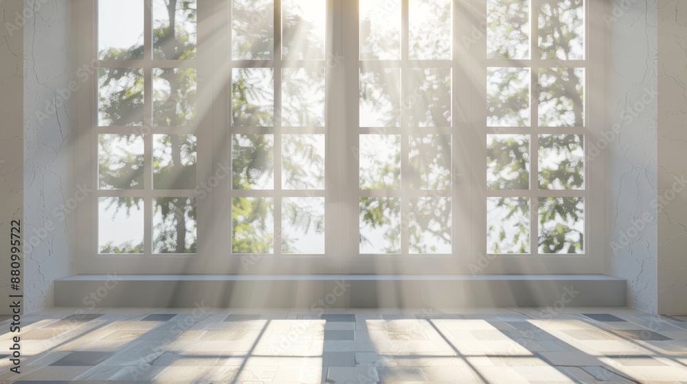 Fototapeta premium Sunbeams Through a Window, White Walls, Tiled Floor, Light and Shadow, Interior Design , window light, sun rays, sunlight, tiled floor