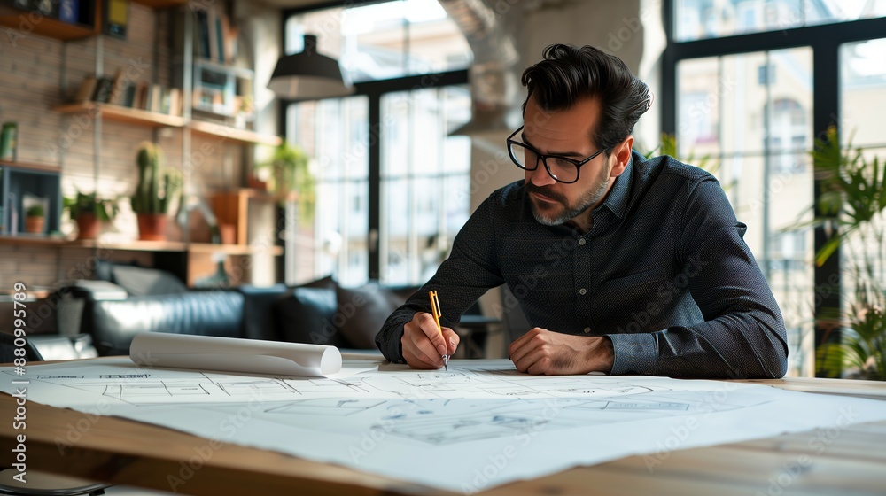 An entrepreneur sketches innovative plans in a chic loft, surrounded by modern design and city views. An entrepreneur sketches innovative plans in a chic loft, surrounded by modern design and city views.