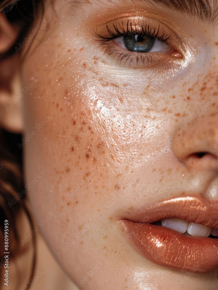 Close-up portrait of a woman with distinctive freckles on her face Close-up portrait of a woman with distinctive freckles on her face