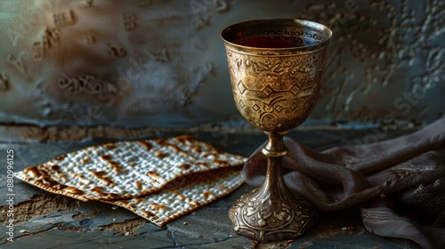 A bronze cup with red wine is next to the matzo table. photo