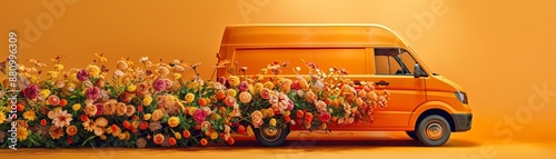 An orange van with vibrant flowers spilling out of the back, against an orange background
