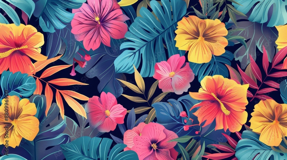 Vibrant Tropical Floral Pattern with Blue Leaves, Pink, Yellow, and Red Flowers, Tropical, Floral, Pattern, Background Vibrant Tropical Floral Pattern with Blue Leaves, Pink, Yellow, and Red Flowers, Tropical, Floral, Pattern, Background