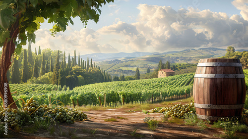 Superb White wine with barell in vineyard, Chianti, Tuscany, Italy photo