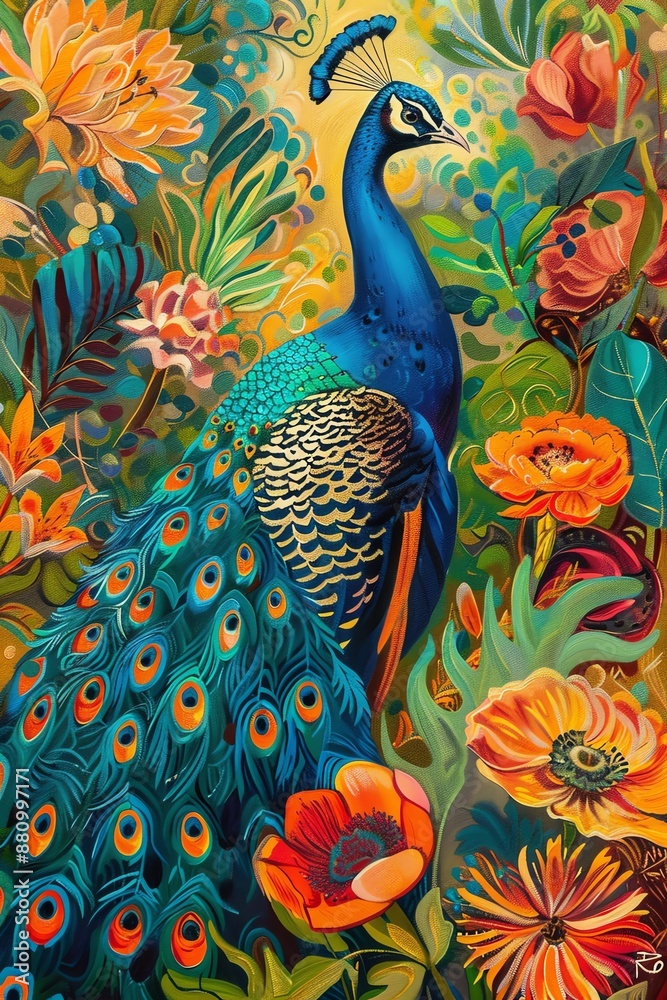 Vibrant peacock surrounded by colorful flowers and lush greenery Vibrant peacock surrounded by colorful flowers and lush greenery