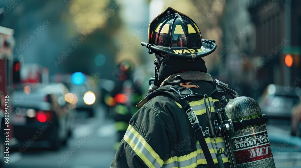 Close-up of fireman in urban area, back view, focus on equipment, [fireman city], [urban emergency]