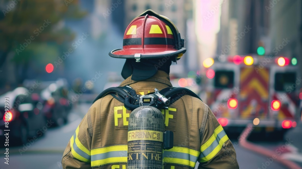 Close-up of fireman, urban background, back view, focus on uniform, [fireman city], [urban safety]