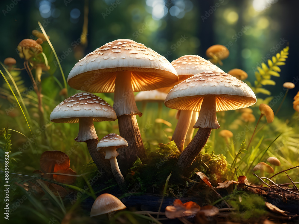 Fototapeta premium Nature's Bounty: A close-up of wild mushrooms growing in their natural habitat. generative AI