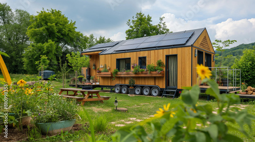 Eco-friendly tiny houses surrounded by lush gardens and nature. © tiagozr