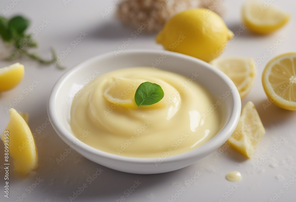 zesty lemon butter sauce in a small dish, garnished with a lemon twist, ad shot, copy space for text zesty lemon butter sauce in a small dish, garnished with a lemon twist, ad shot, copy space for text