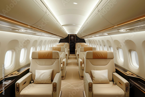Modern private luxury business jet cabin interior