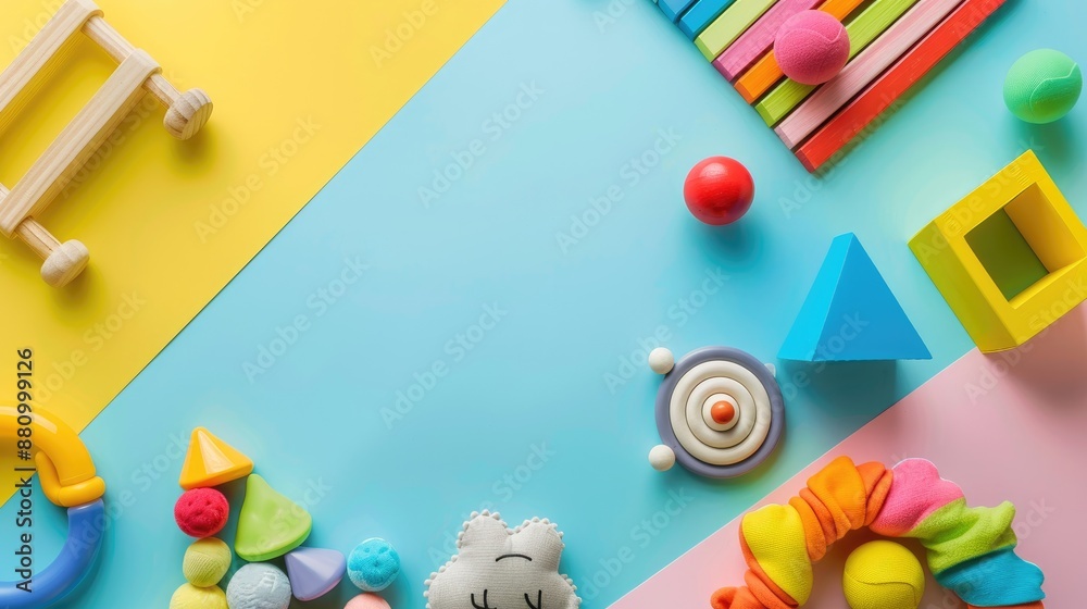 Variety of kids toys on colorful backdrop with space for text minimalistic baby theme Variety of kids toys on colorful backdrop with space for text minimalistic baby theme