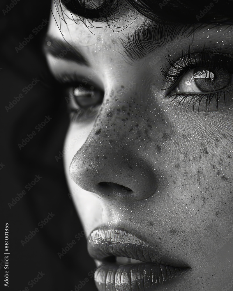 Obraz premium Black and white Portrait of a woman's face, highlighting her expressive eyes and textured skin Headshot Close up